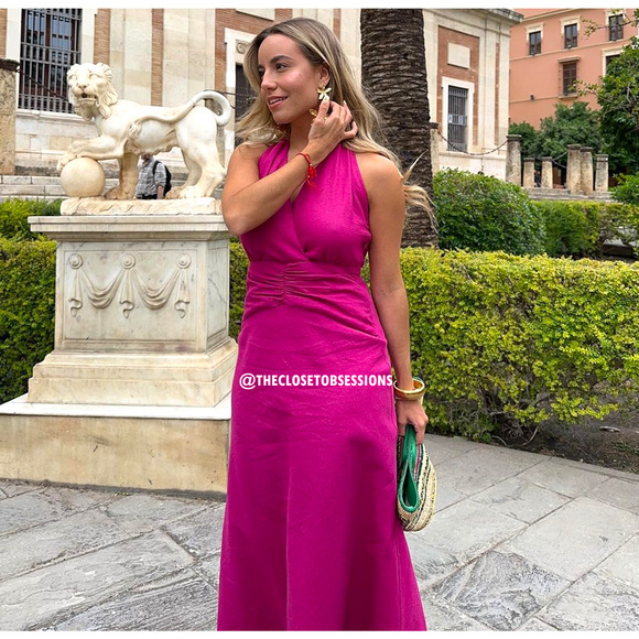 ZARA Magenta A-Line Linen Midi Dress NWT Size M - Picture 5 of 16